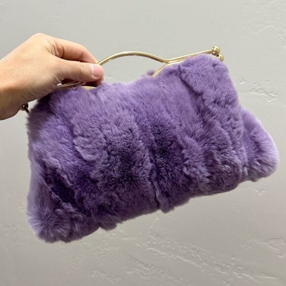 Lilac Handmade Real Rex Rabbit Fur Double Kisslock & Top Handle Purse/Crossbody - Picture 2 of 16